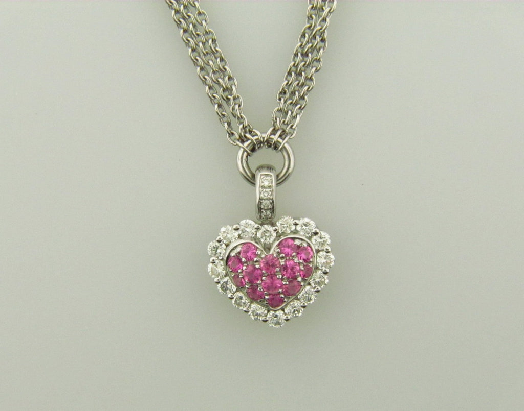 14K White Gold, Pink Sapphire and Diamond Heart Pendant