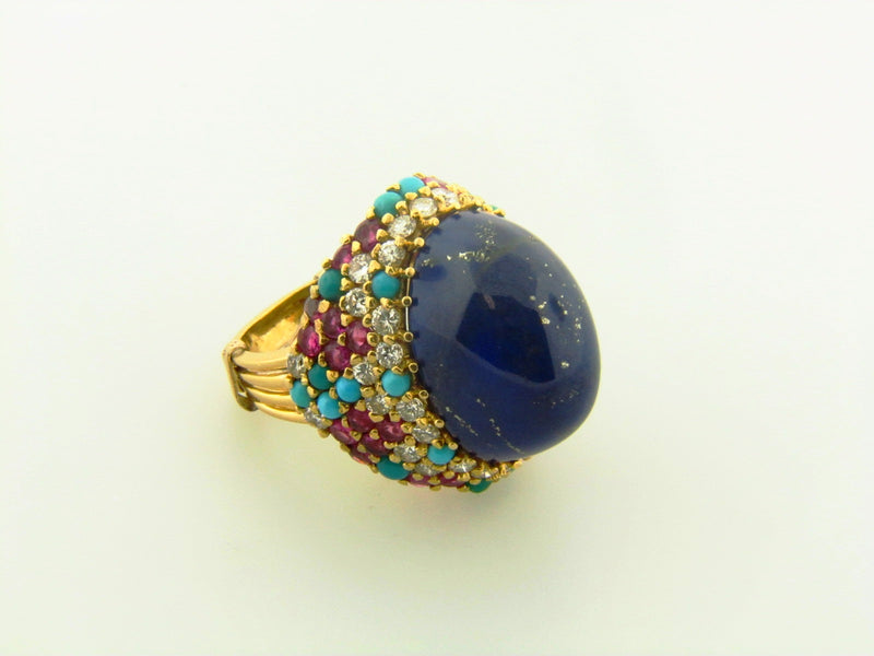 18K Yellow Gold, Lapis Lazuli, Diamond, Ruby, and Turquoise Ring | 18 Karat Appraisers | Beverly Hills, CA | Fine Jewelry