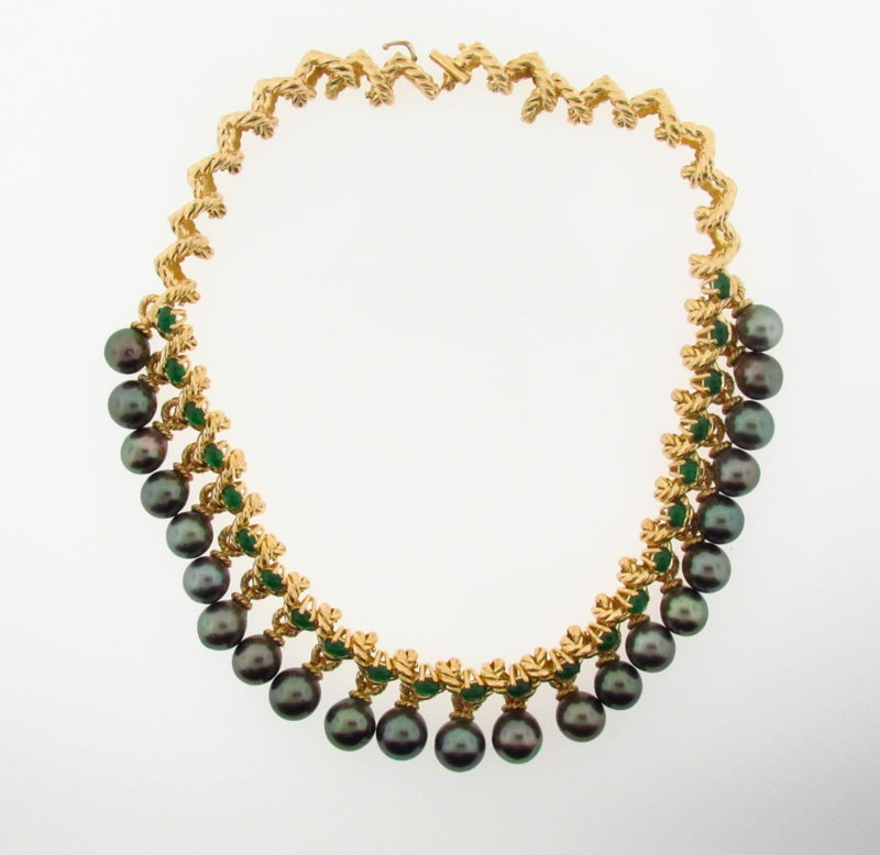 18K Yellow Gold Black Tahitian Pearl and Emerald Necklace | 18 Karat Appraisers | Beverly Hills, CA | Fine Jewelry