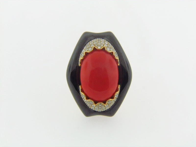 18K YELLOW GOLD CORAL, HEMATITE, DIAMOND RING | 18 Karat Appraisers | Beverly Hills, CA | Fine Jewelry