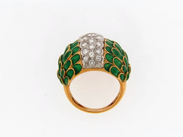 18K-YG + PLATINUM DIAMOND AND GREEN ENAMEL RING