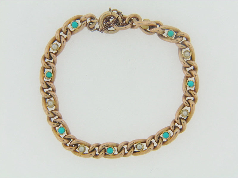 14K YELLOW GOLD TURQUOISE AND SEED PEARL BRACELET | 18 Karat Appraisers | Beverly Hills, CA | Fine Jewelry