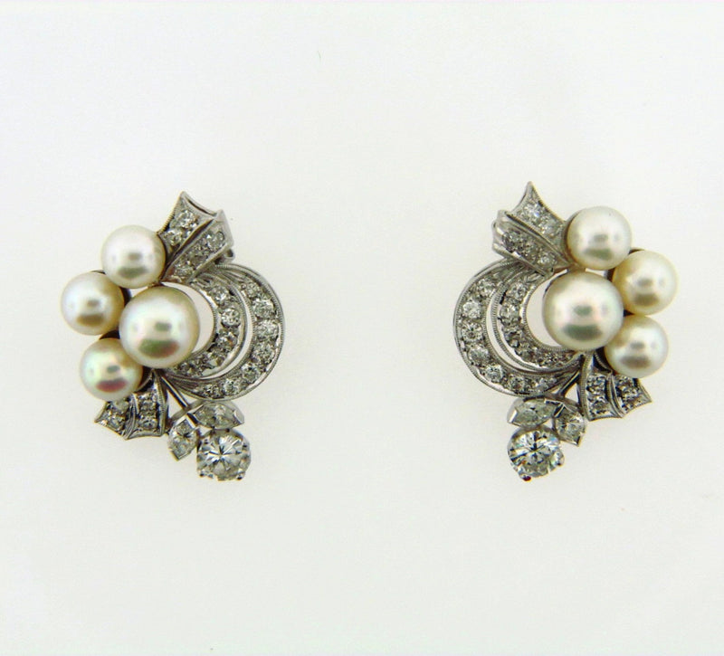 Platinum White Cultured Pearl and Diamond Earclips | 18 Karat Appraisers | Beverly Hills, CA | Fine Jewelry