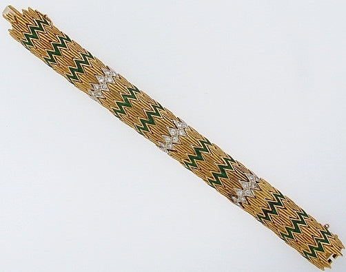 18K-YG DIAMOND AND ENAMEL, ZIG-ZAG BRACELET | 18 Karat Appraisers | Beverly Hills, CA | Fine Jewelry