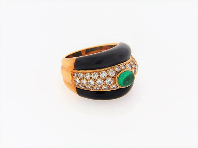 18K-YG EMERALD, DIAMOND, BLACK ONYX RING