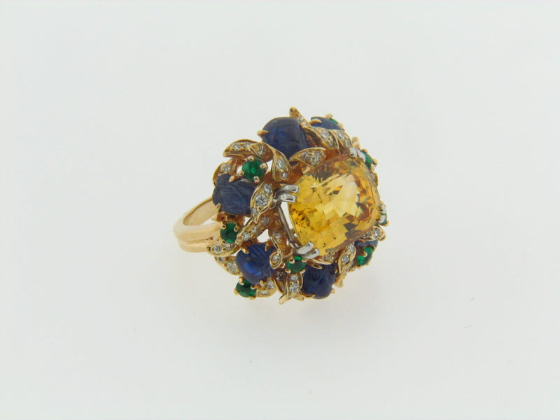 18K YELLOW GOLD, YELLOW SAPPHIRE, EMERALD, SAPPHIRE, AND DIAMOND RING