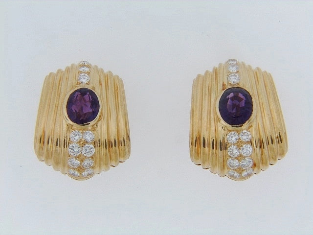 18K-YG AMETHYST AND DIAMOND EARCLIPS