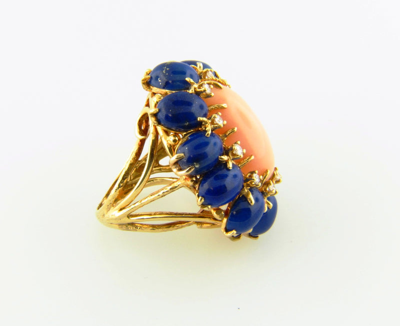 18K Yellow Gold, Coral, Lapis Lazuli, and Diamond Ring | 18 Karat Appraisers | Beverly Hills, CA | Fine Jewelry