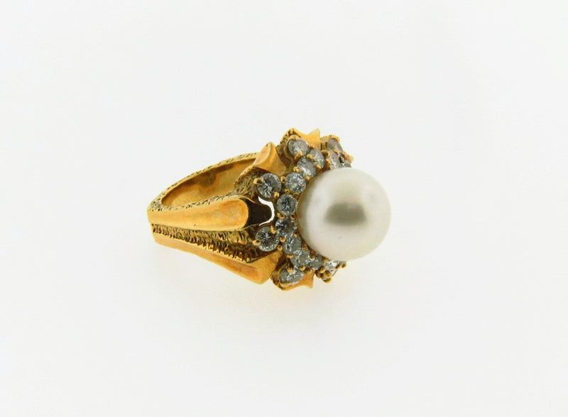 18K Yellow Gold, White Cultured Pearl and Diamond Ring