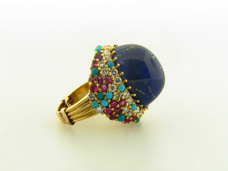 18K Yellow Gold, Lapis Lazuli, Diamond, Ruby, and Turquoise Ring | 18 Karat Appraisers | Beverly Hills, CA | Fine Jewelry