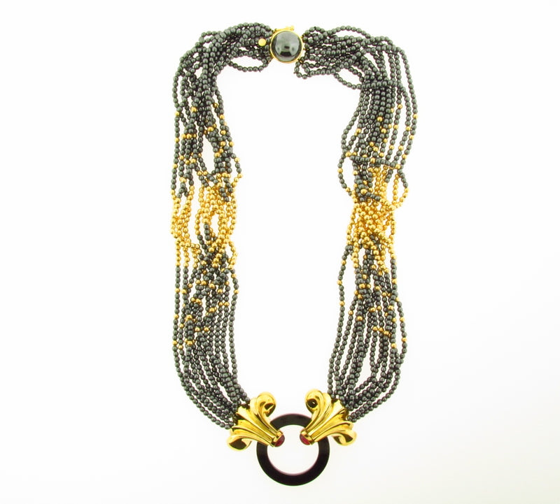 18K Yellow Gold, Hematite, Onyx, and Pink Tourmaline Necklace | 18 Karat Appraisers | Beverly Hills, CA | Fine Jewelry