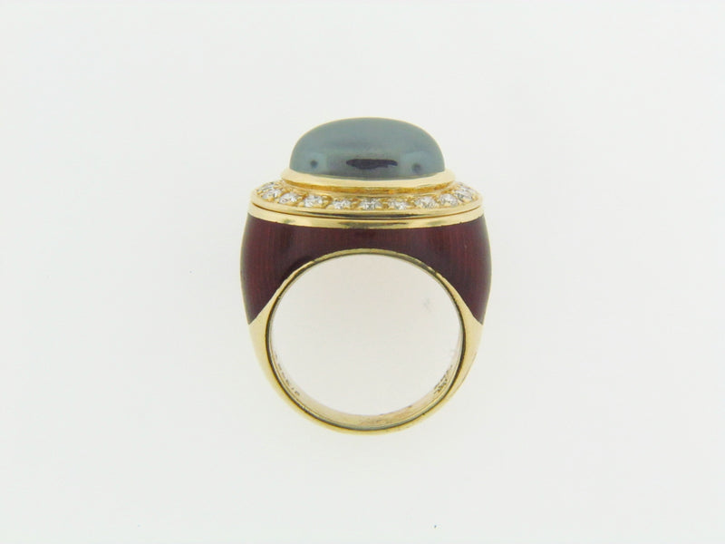 18K-YG HEMATITE, DIAMOND, AND ENAMEL RING