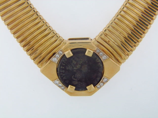 18K-YG ANCIENT COIN AND DIAMOND TUBOGAS NECKLACE | 18 Karat Appraisers | Beverly Hills, CA | Fine Jewelry