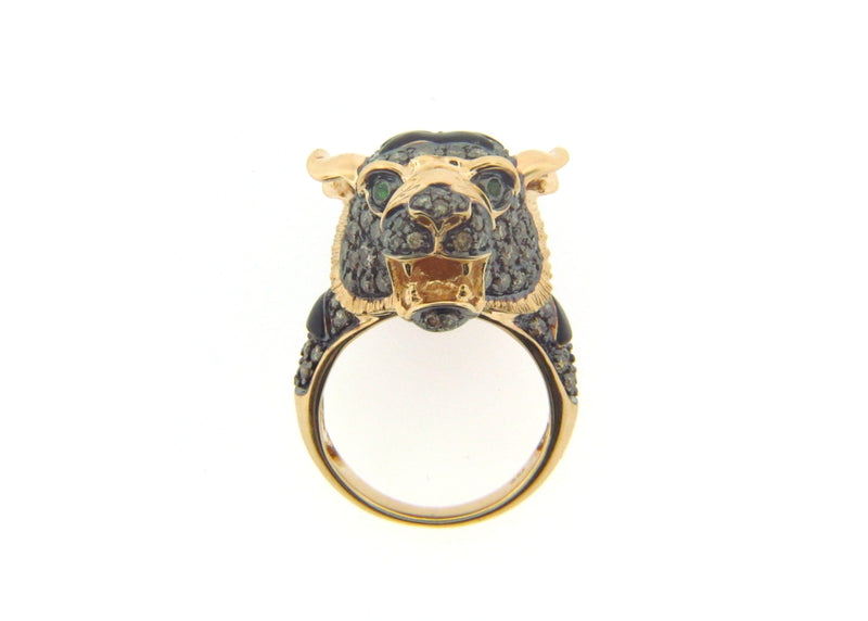 18K Yellow Gold Diamond, Enamel, and Emerald Lion / Cat Motif Ring | 18 Karat Appraisers | Beverly Hills, CA | Fine Jewelry