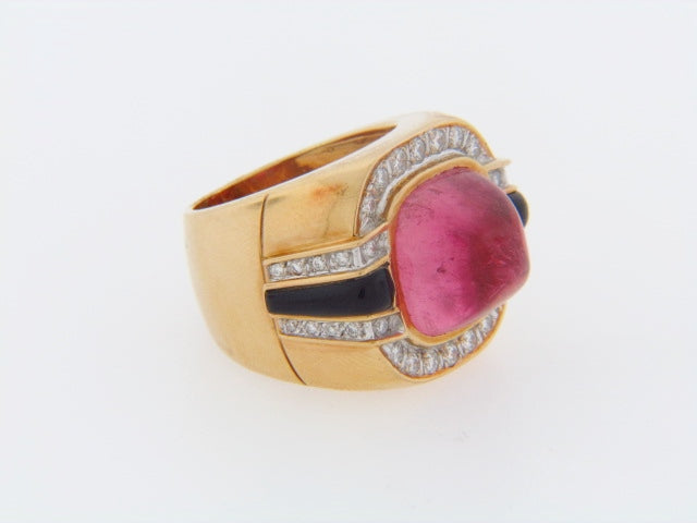 18K-YG PINK TOURMALINE, DIAMOND, ONYX RING