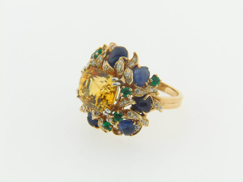 18K YELLOW GOLD, YELLOW SAPPHIRE, EMERALD, SAPPHIRE, AND DIAMOND RING