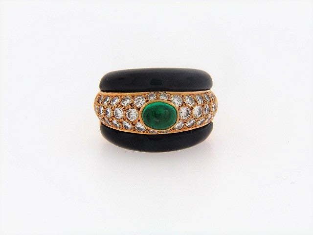 18K-YG EMERALD, DIAMOND, BLACK ONYX RING