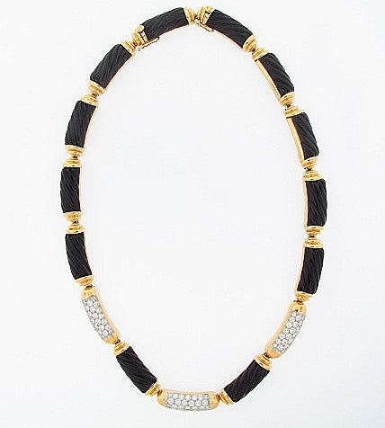 18K-YG CARVED BLACK ONYX AND DIAMOND NECKLACE