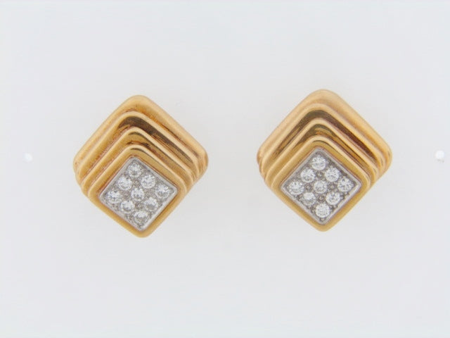 18K-YG RIBBED SQUARE DIAMOND EARRINGS