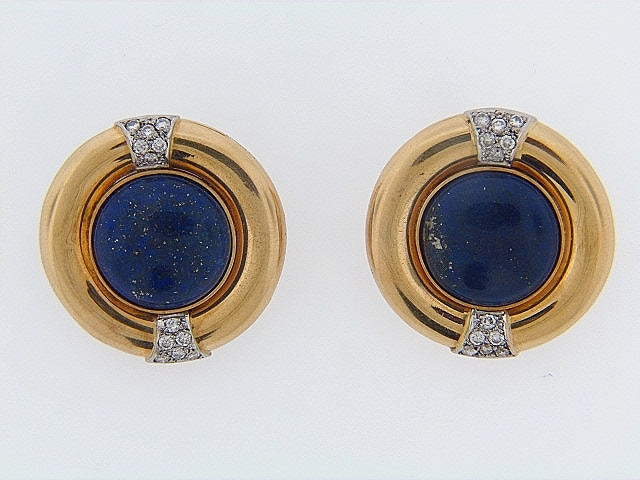 18K-YG AND PLAT., LAPIS LAZULI AND DIAMOND EARCLIPS