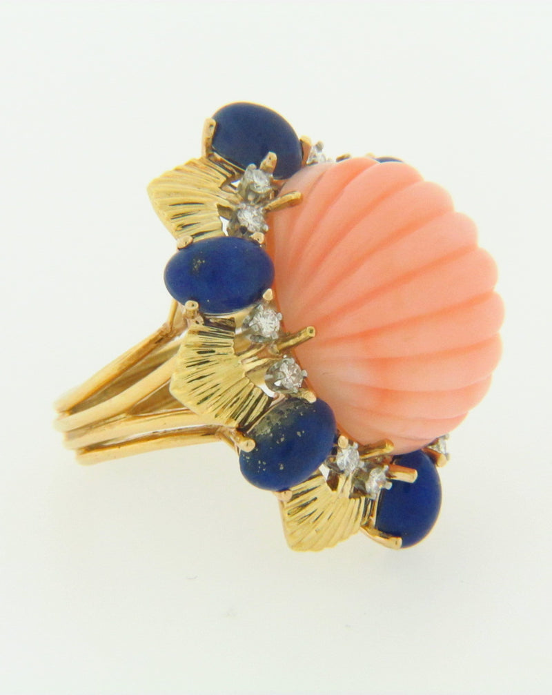 18K YELLOW GOLD PINK CORAL, LAPIS LAZULI, AND DIAMOND RING | 18 Karat Appraisers | Beverly Hills, CA | Fine Jewelry