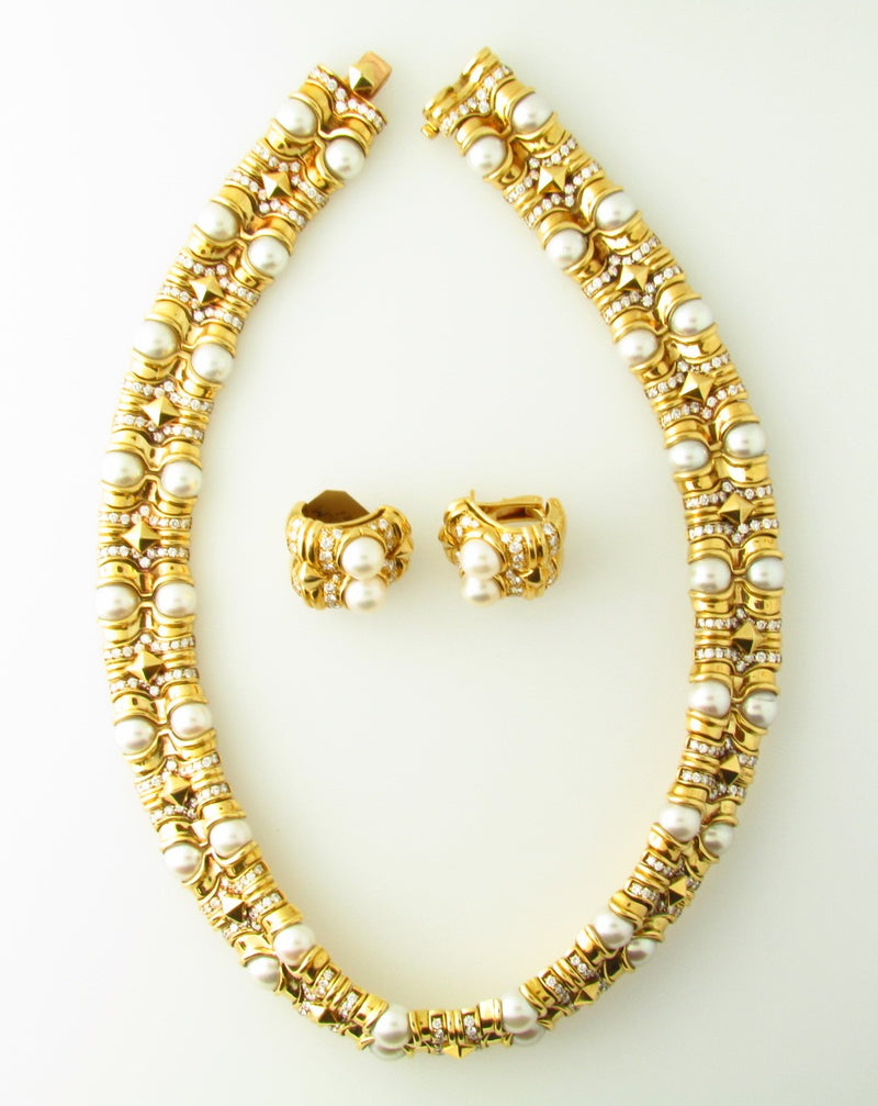 18K Yellow Gold, Diamond and Pearl Set by Bvlgari | 18 Karat Appraisers | Beverly Hills, CA | Fine Jewelry