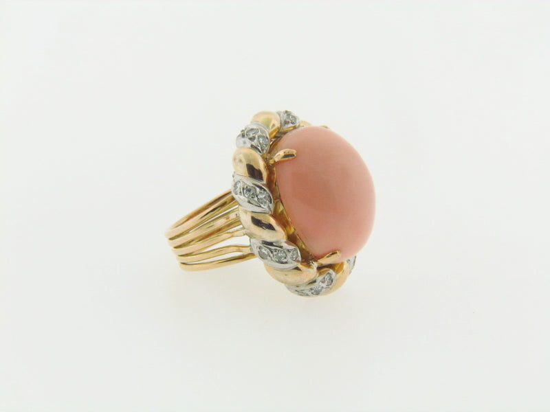 14K YELLOW GOLD PINK CORAL AND DIAMOND RING