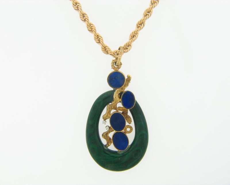 14K Yellow Gold Lapis Lazuli, Malachite, and Diamond Pendant | 18 Karat Appraisers | Beverly Hills, CA | Fine Jewelry