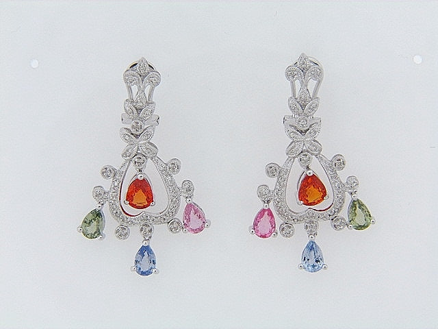 14K-WG MULTI-COLOR SAPPHIRE AND DIAMOND EARRINGS