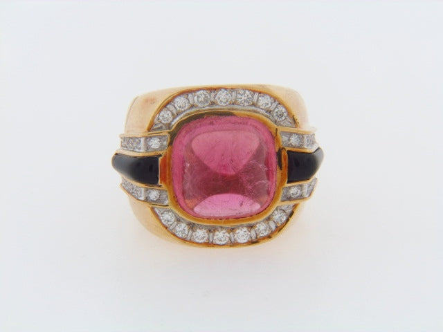 18K-YG PINK TOURMALINE, DIAMOND, ONYX RING