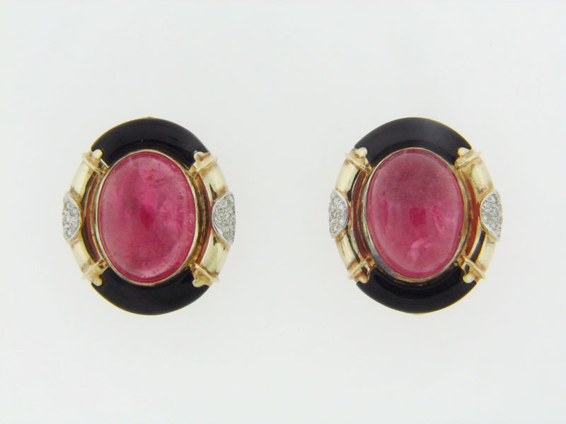 14K YELLOW GOLD PINK TOURMALINE, BLACK ONYX, AND DIAMOND EARCLIPS | 18 Karat Appraisers | Beverly Hills, CA | Fine Jewelry