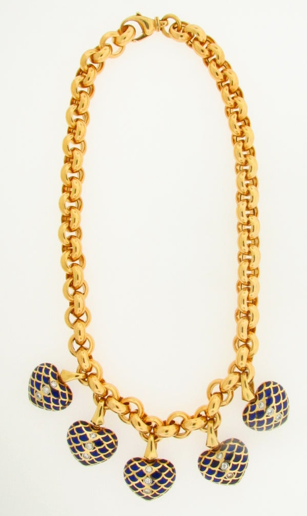 18K YELLOW GOLD BLUE ENAMEL AND DIAMOND NECKLACE | 18 Karat Appraisers | Beverly Hills, CA | Fine Jewelry