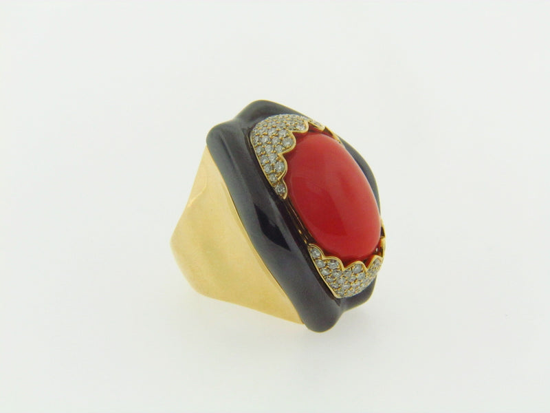 18K YELLOW GOLD CORAL, HEMATITE, DIAMOND RING | 18 Karat Appraisers | Beverly Hills, CA | Fine Jewelry