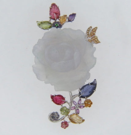 18K-WG FLOWER MOTIF JADE AND GEMSTONE BROOCH