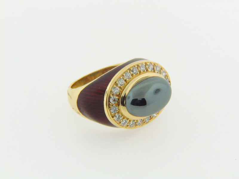 18K-YG HEMATITE, DIAMOND, AND ENAMEL RING