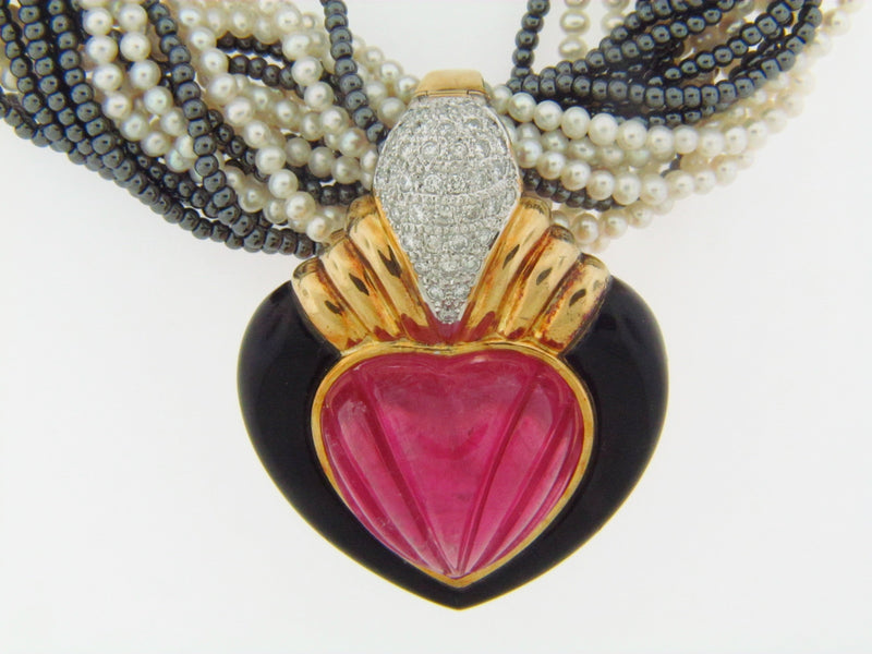 18K YELLOW GOLD PINK TOURMALINE, BLACK ONYX, AND DIAMOND PENDANT / NECKLACE | 18 Karat Appraisers | Beverly Hills, CA | Fine Jewelry