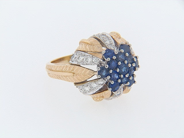 18K-YG SAPPHIRE AND DIAMOND, LEAF MOTIF DESIGN RING