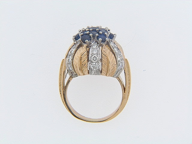 18K-YG SAPPHIRE AND DIAMOND, LEAF MOTIF DESIGN RING